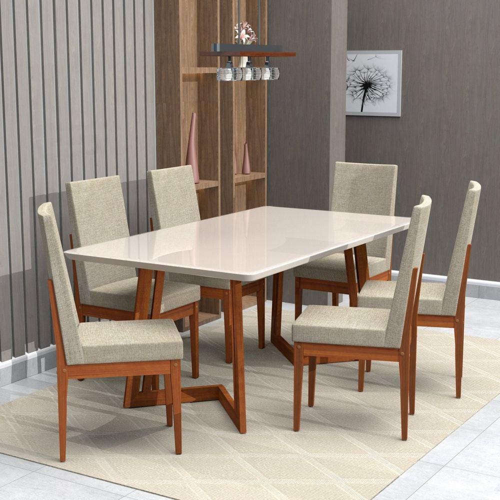 Jogo Mesa De Jantar Com 6 Cadeiras Estofadas Linho Cinza Dakota Estilo  Industrial Mdf E Aço