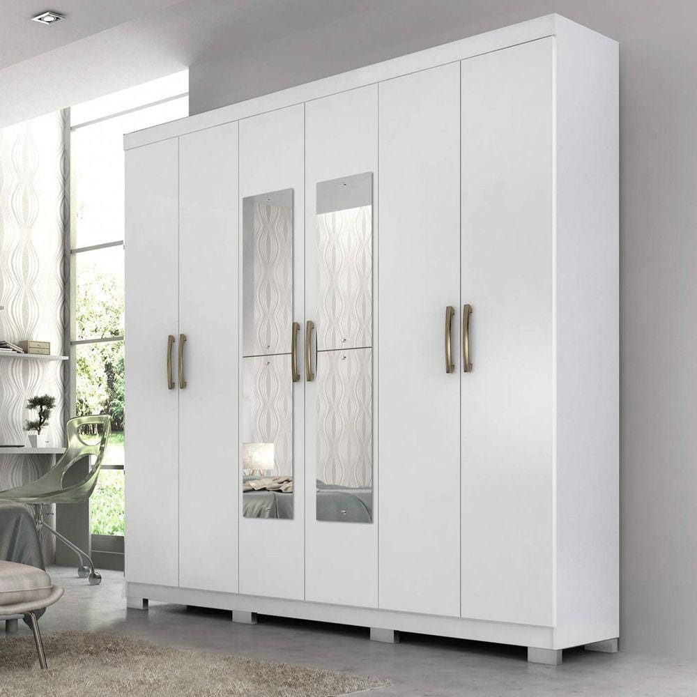 Guarda Roupa Casal em MDF 6 Portas 3 Gavetas Kit 4 Espelhos e 8 Pés Clara Panan Móveis Branco