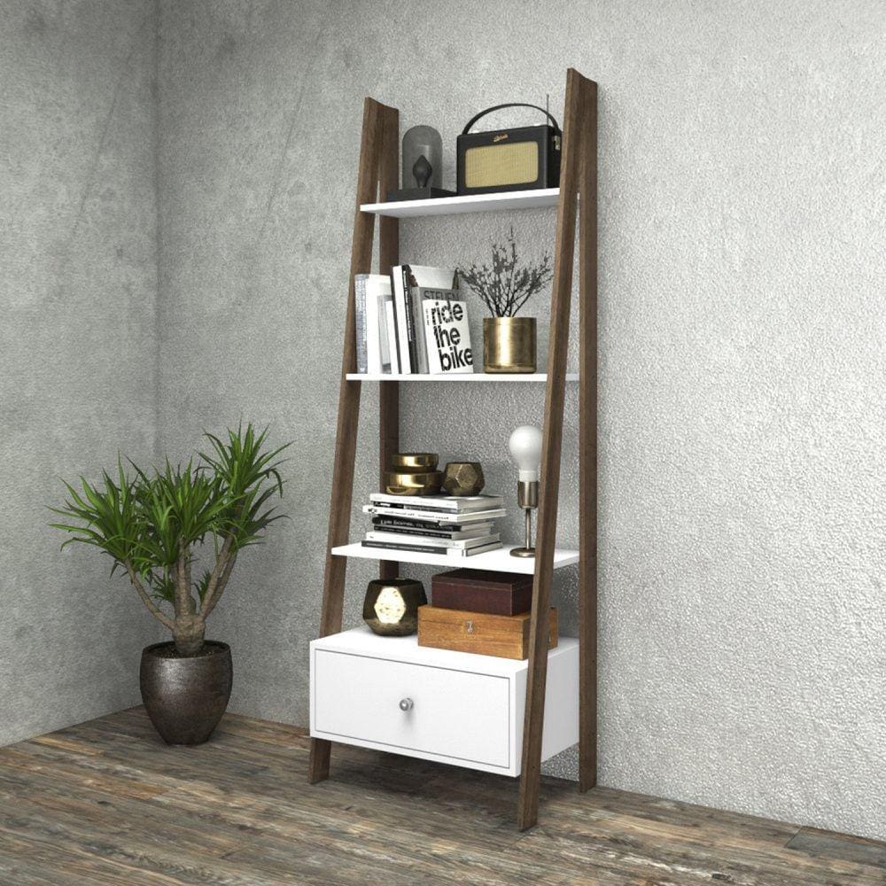 Estante Escada 4 Prateleiras 1 Gaveta Movelbento Branco/Rústico