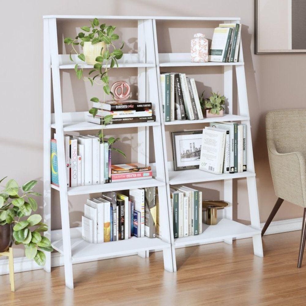 Conjunto de 2 Estantes para Livros Escada Biblioteca 140x61cm 4 Prateleiras Tok Yescasa Branco Neve