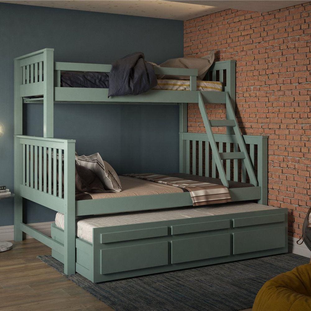 Treliche com Cama de Casal 3 Gavetas Madeira Maciça Móveis Saraiva Verde