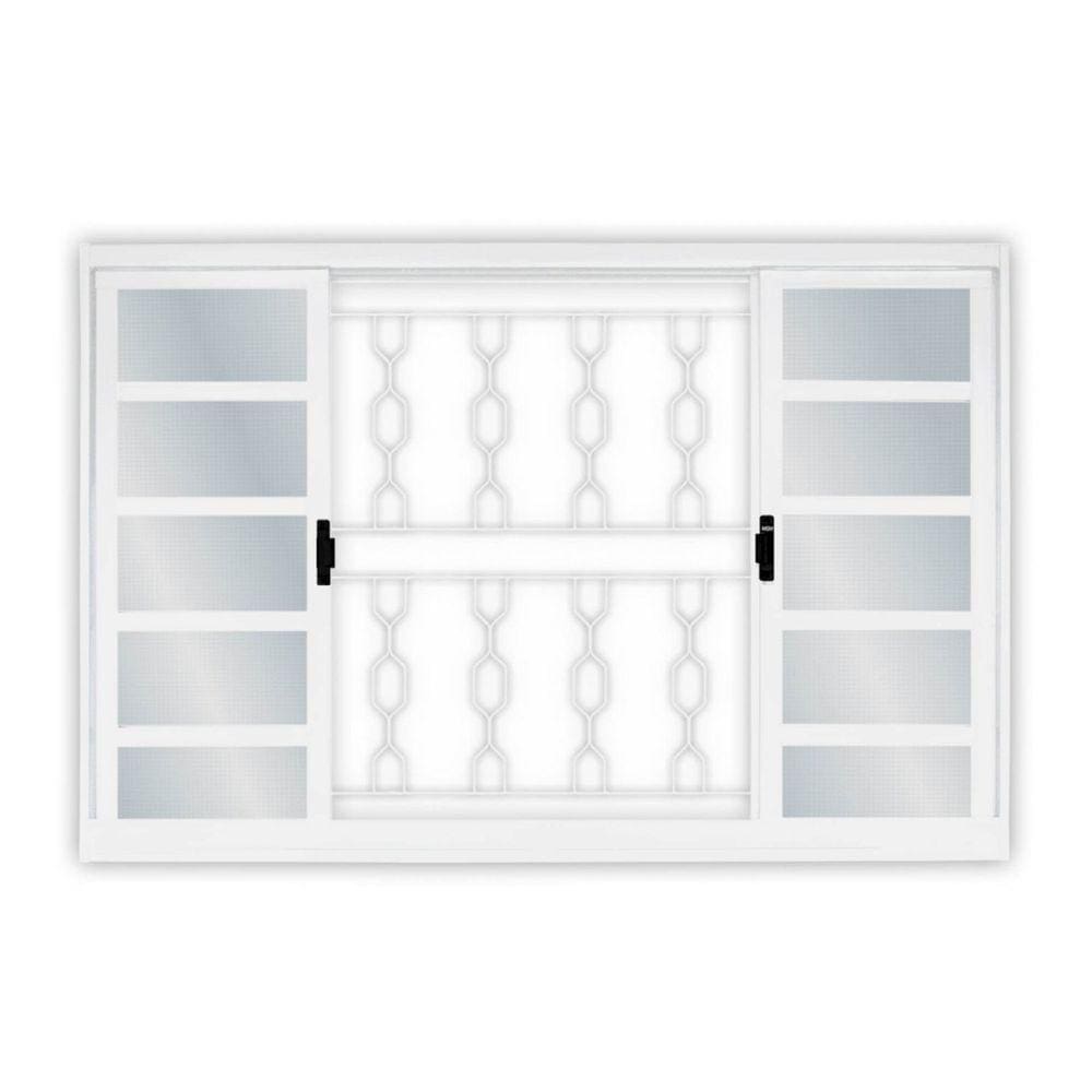 Janela de Correr Aço 4 Folhas com Grade Elo MGM Minas Sul 100cmx150cm Requadro 12cm Vidro Mini Boreal Branco