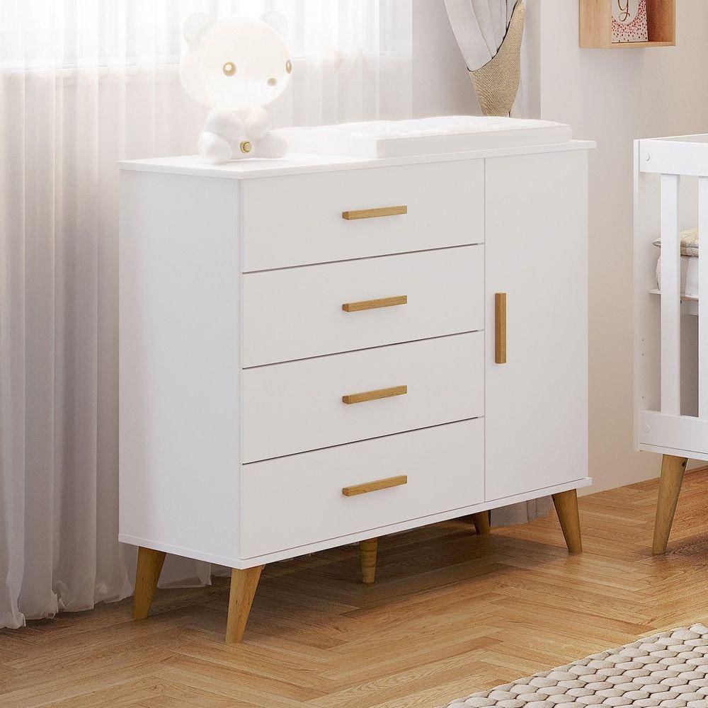 Cômoda de Bebê Fraldário 1 Porta 4 Gavetas Luma Carolina Baby Branco/Bétula