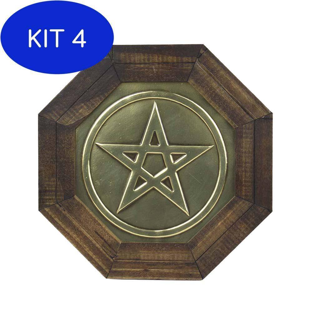 Kit 4 Quadro Oitavado Radiônico Pentagrama Madeira Escura 18
