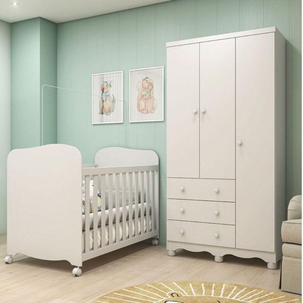 Quarto de Bebê com Berço Mini Cama e Guarda Roupa 3 Portas 100% MDF Mimo Móveis Peroba Branco Brilho