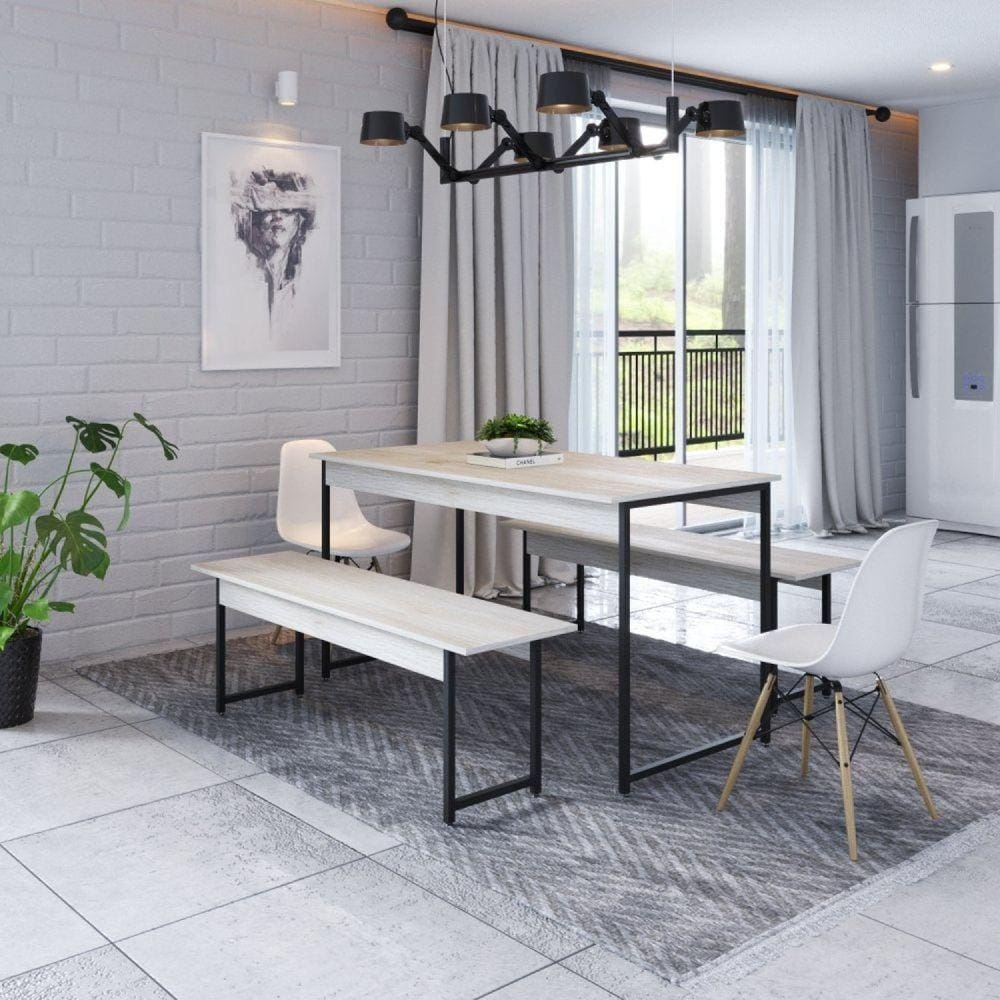 Conjunto Mesa de Jantar com 2 Bancos Estilo Industrial Active Yescasa Snow