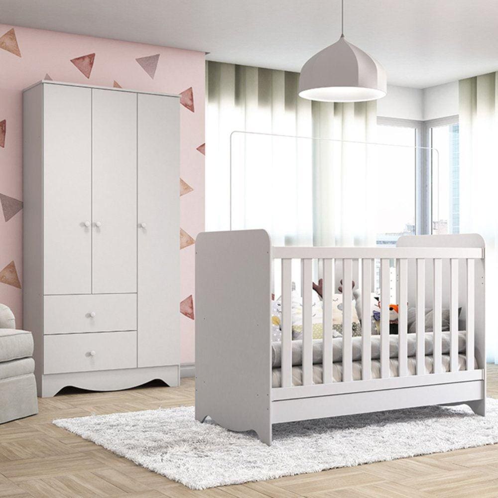 Quarto de Bebê Completo Berço Americano 3 em 1 com Guarda Roupa 3 Portas Pirueta Espresso Móveis Branco Brilho