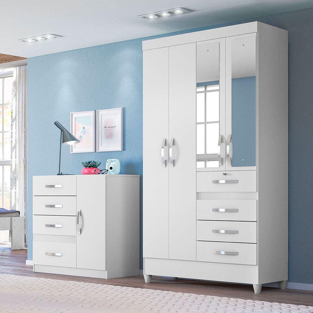 Guarda-Roupa Solteiro com Espelho 4 Portas 4 Gavetas Sobral