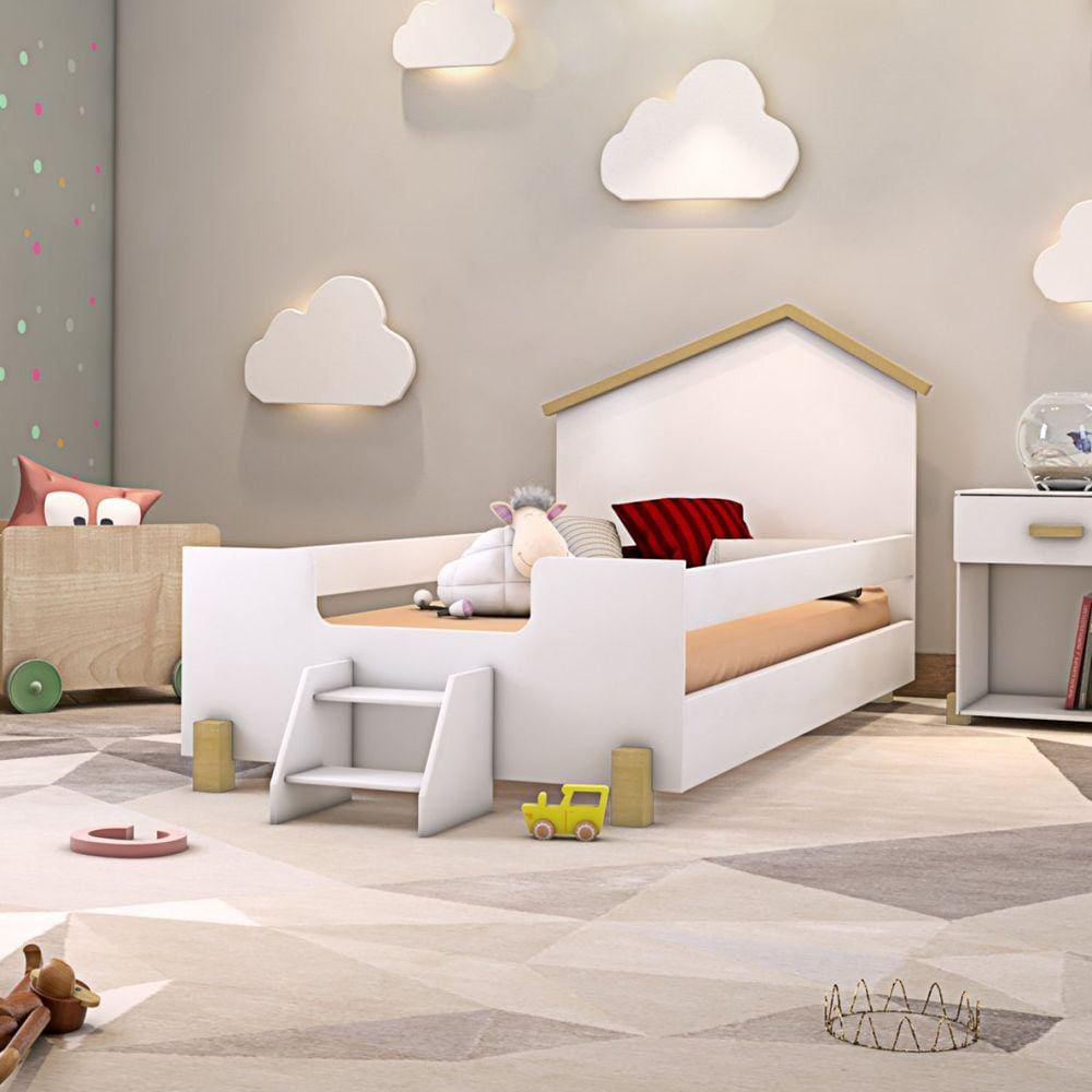 Cama Infantil Casinha com Escada Ayla Divaloto Branco/Natural