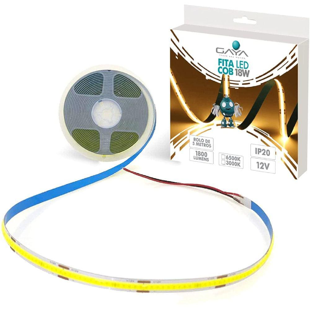 Fita Led Cob 9W 12V IP20 5M 900L C/ Conector Gaya