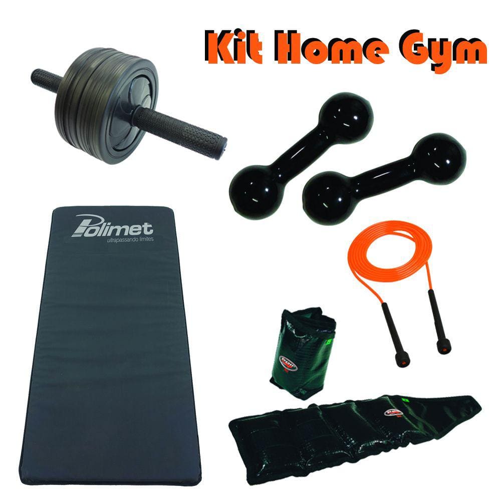 Kit Home Gym Poli Sports (colchonete + roda abdominal + tornozeleiras + halteres + corda de pular)