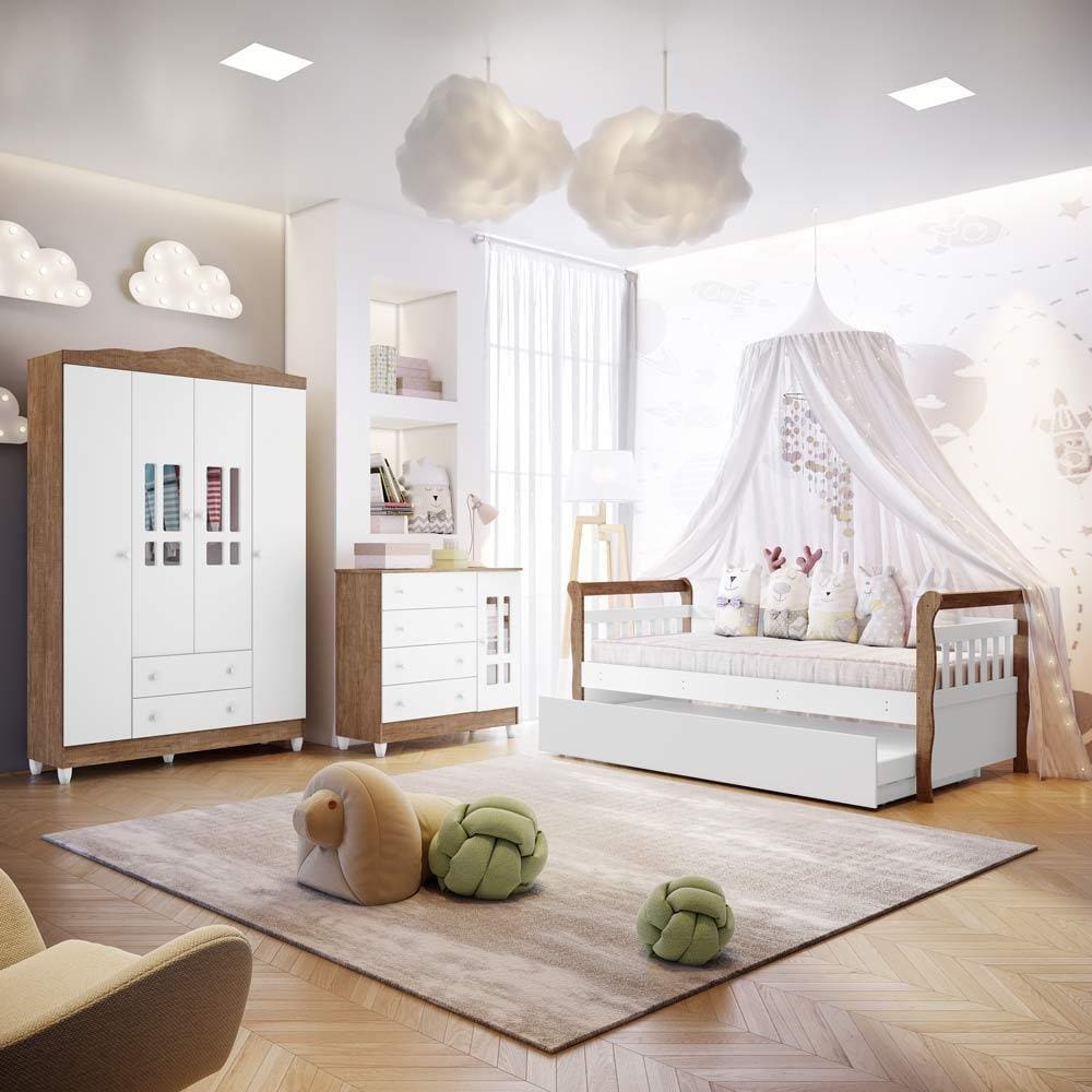 Quarto Baby Guarda Roupa 4 Portas Cômoda Ariel Bicama da Babá Júlia Amadeirado Carolina Baby