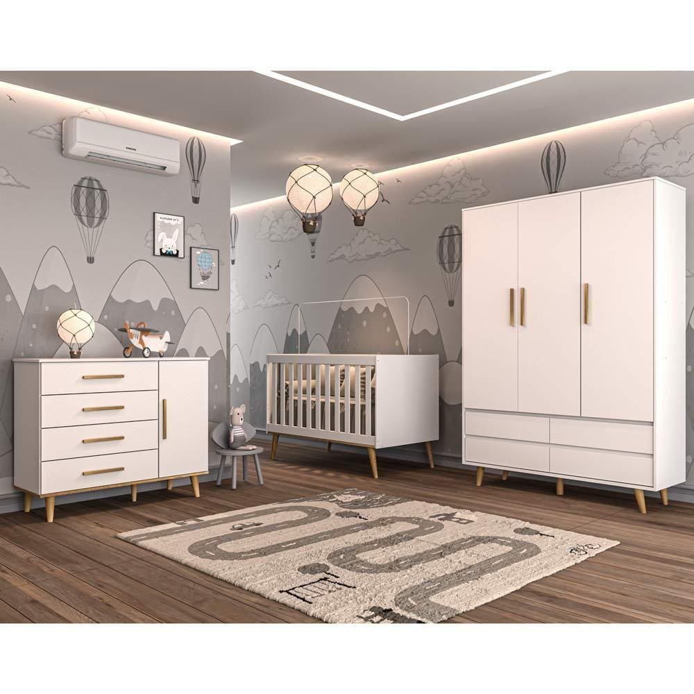 Quarto Infantil Retrô Guarda Roupa 3 Portas Lorena Cômoda com Fraldário 4 Gavetas Berço 3 em 1 Ludmila Branco Fosco Carolina Baby