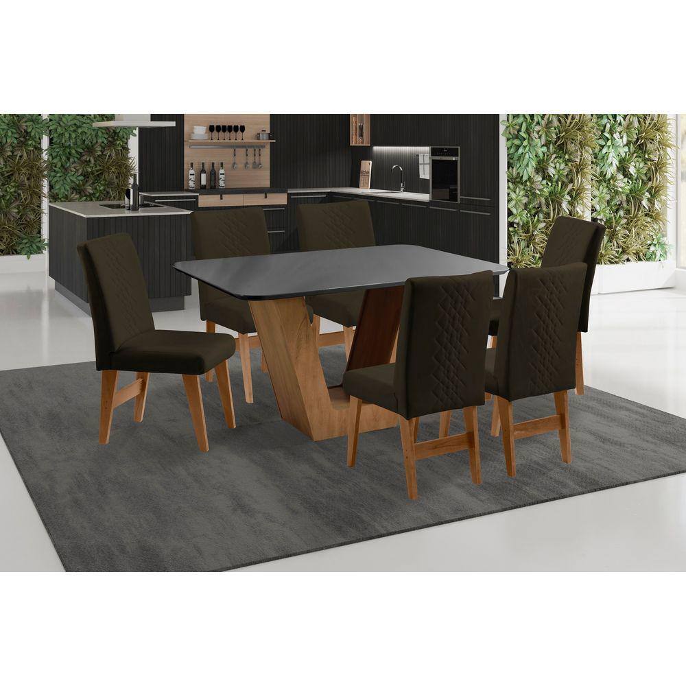 Conjunto de Mesa com 6 Cadeiras Bruna Cinza e Estampa Capitonê