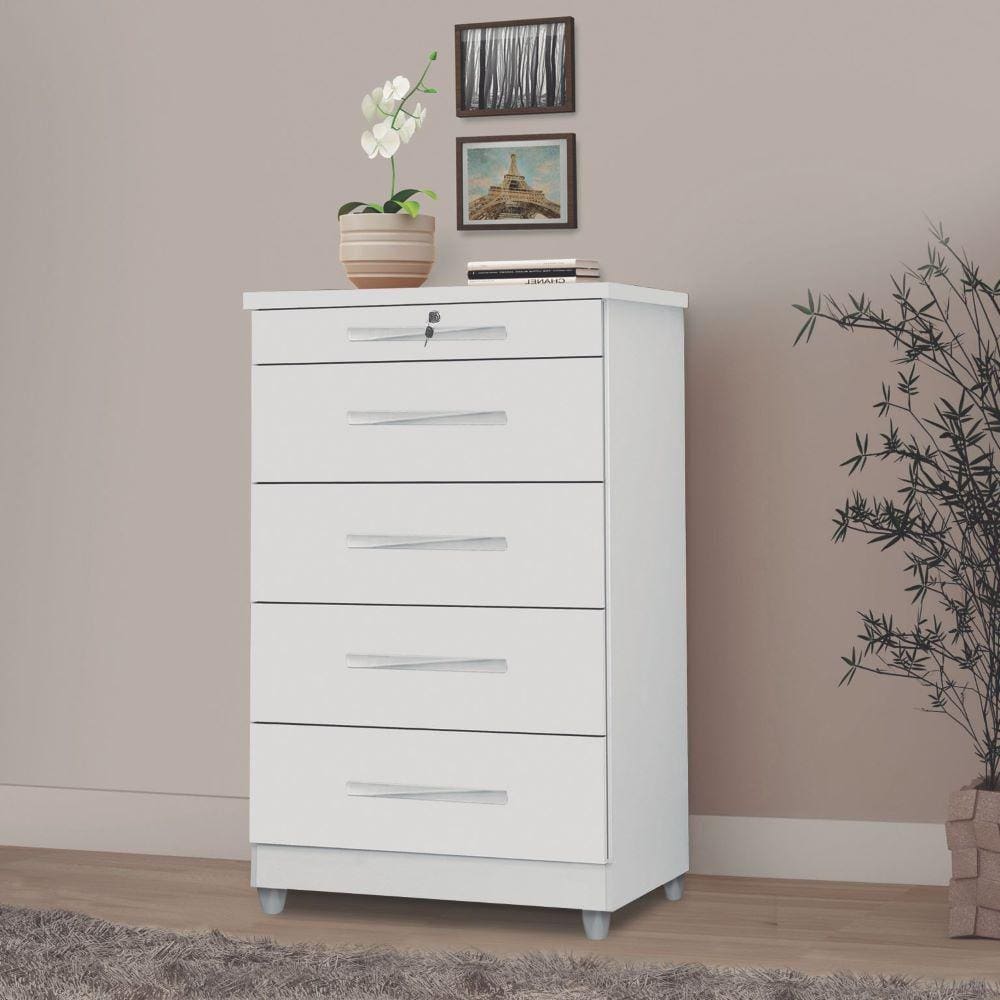 Cômoda 5 Gavetas Com Chave Branco Brilho Emas Primus