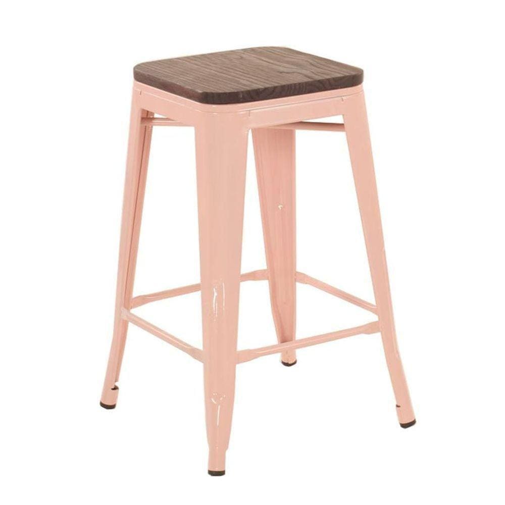 Banqueta Média Iron Tolix Assento De Madeira 66cm Rosa
