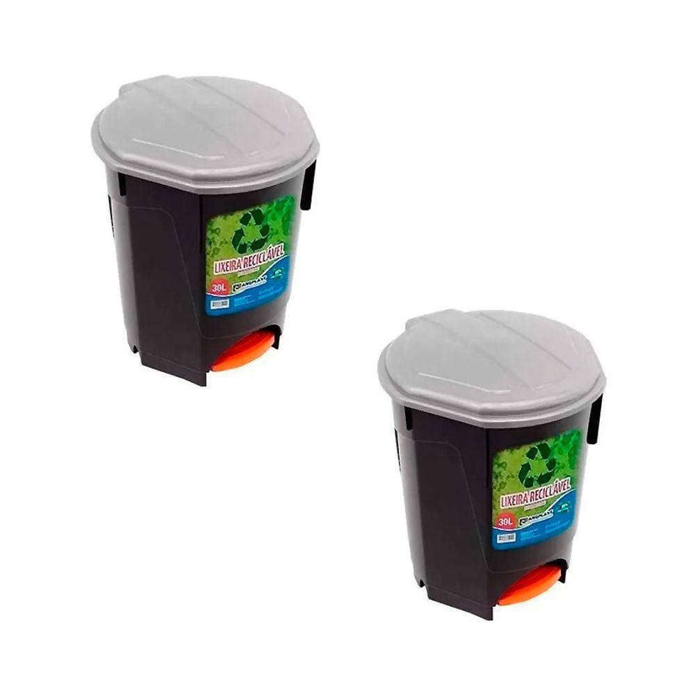 2 Lixeira Plástica 30Lts C/ Pedal Lavanderia Preta Arqplast