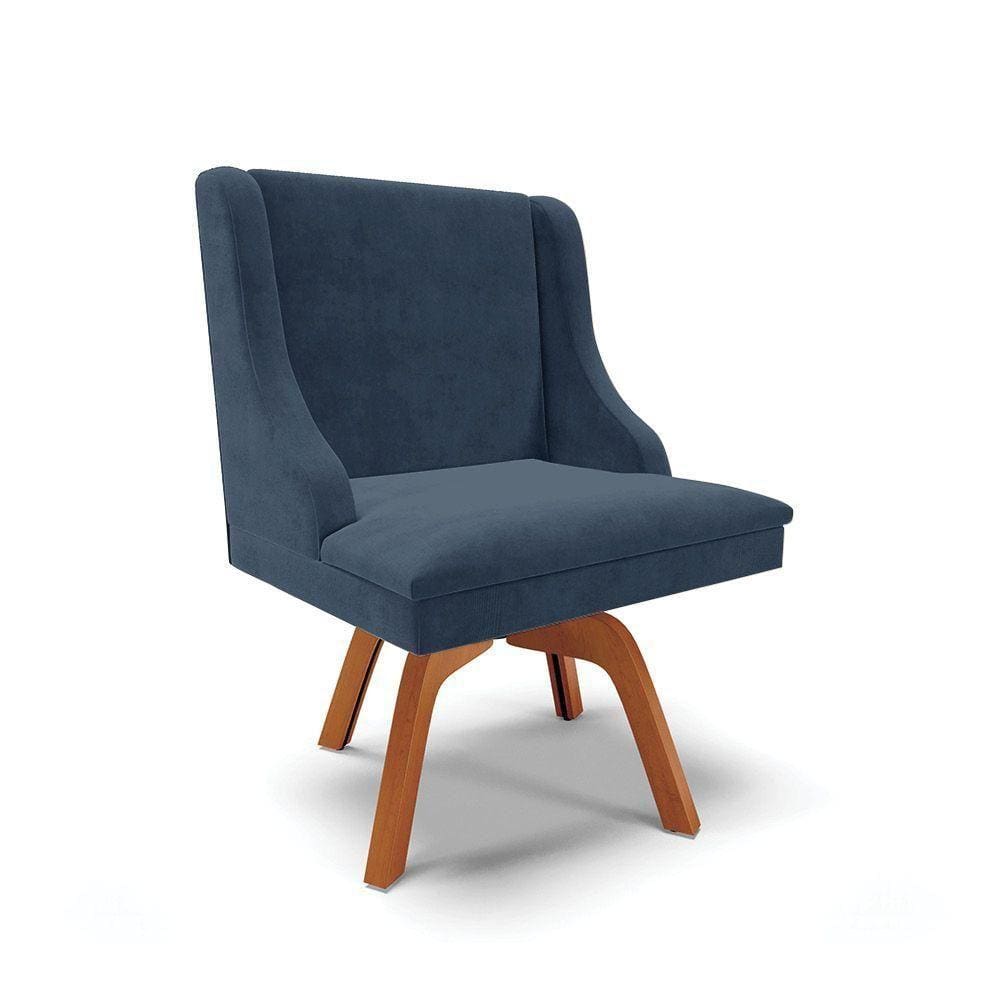 Cadeira Suede Azul Marinho Giratória De Madeira