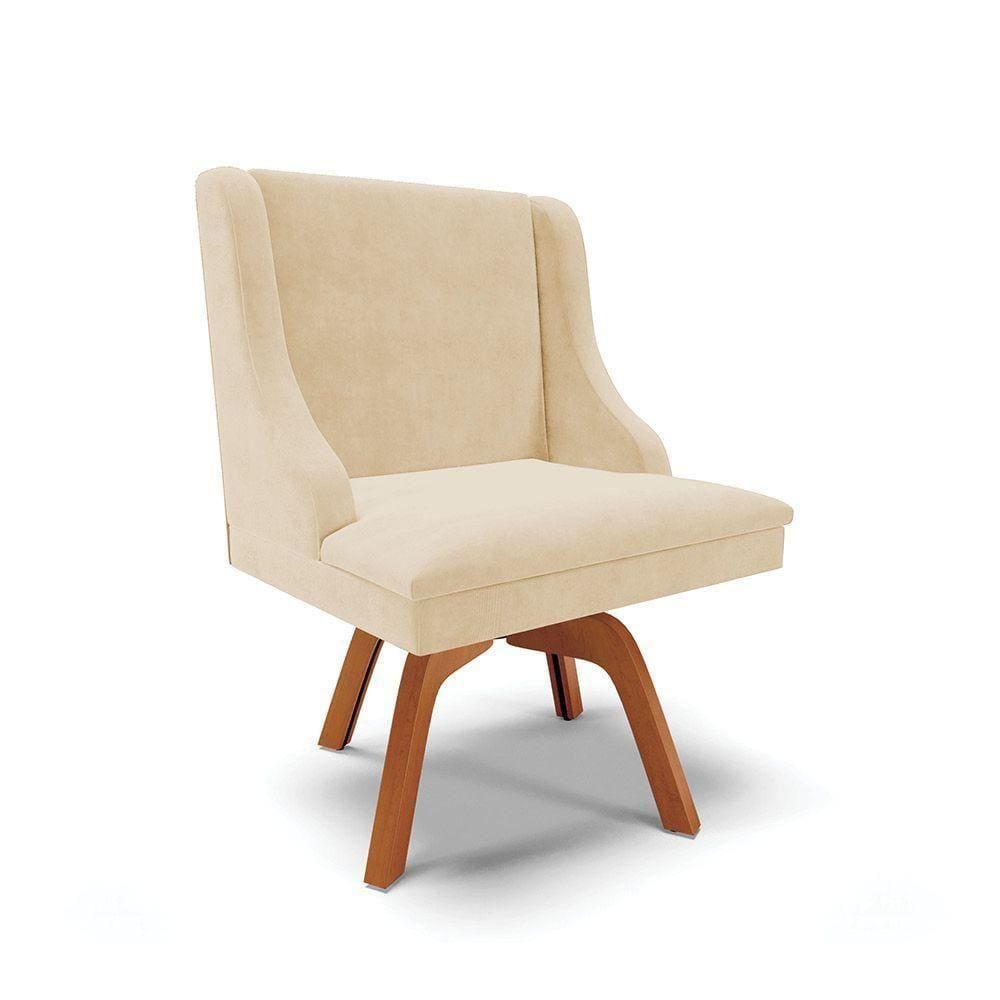 Cadeira Suede Bege Giratória De Madeira
