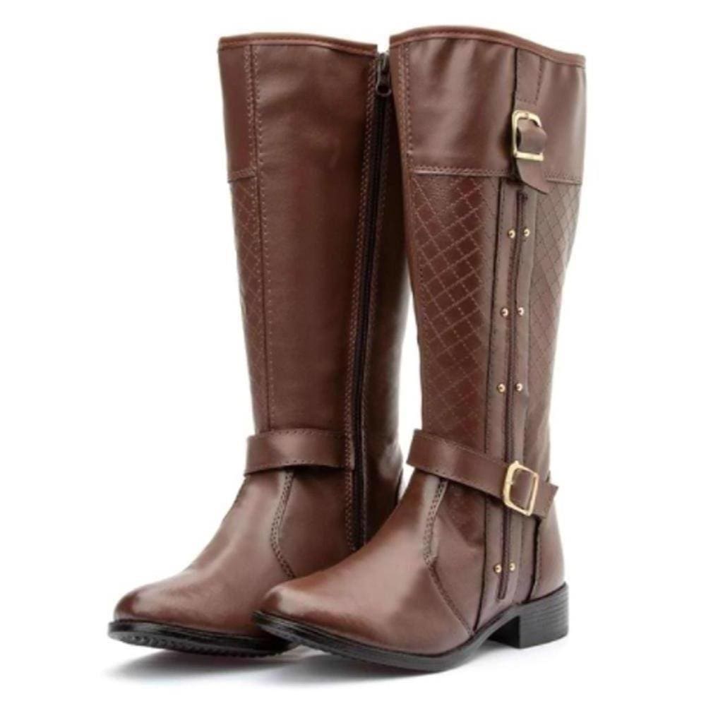 Bota Feminina Montaria Cano Médio Zíper Detalhe Fivelas