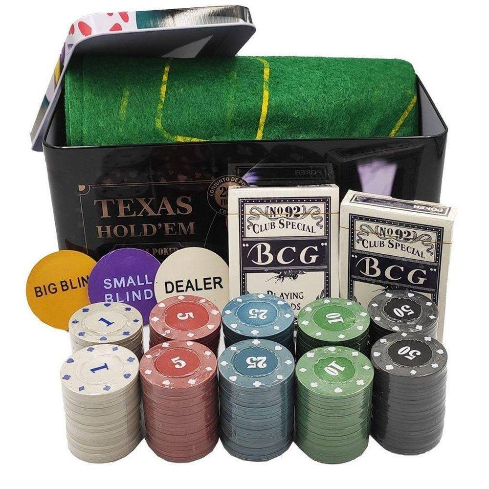 Kit Jogo Poker Texas Hold'em 200 Fichas Numeradas + Feltro em