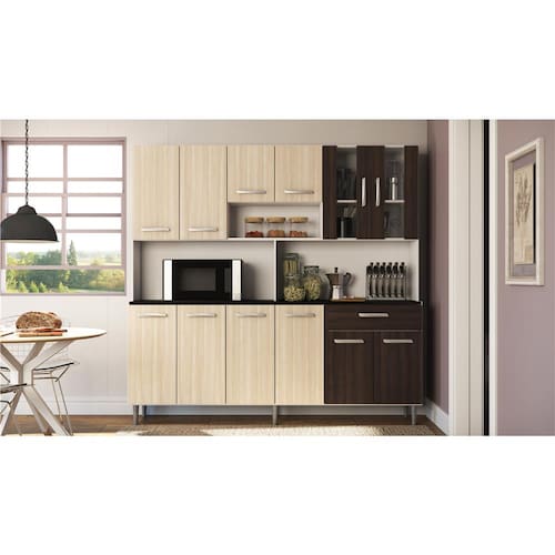 imagem-Cozinha Compacta Poliman Móveis Clara com 12 Portas e 1 Gaveta - 180cm de largura - Branca/Rovere/Amêndoa