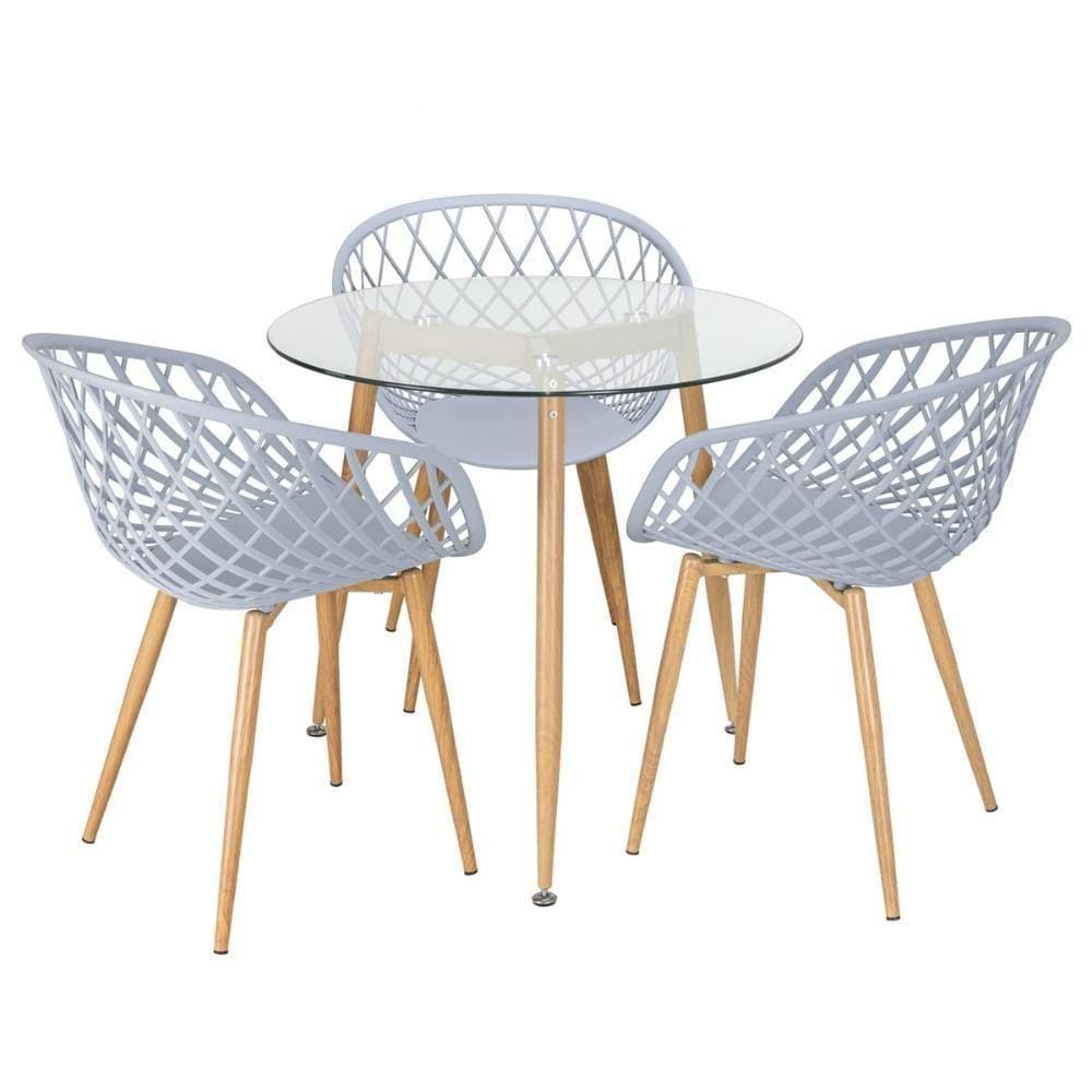 Mesa Redonda Tampo De Vidro 80 Cm + 3 Cadeiras Cinza