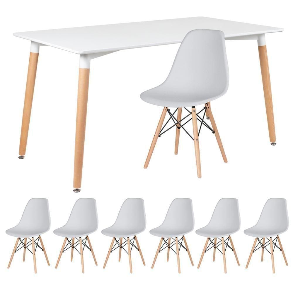 Mesa Retangular 80 X 140 Cm Branco + 6 Cadeiras Cinza Claro