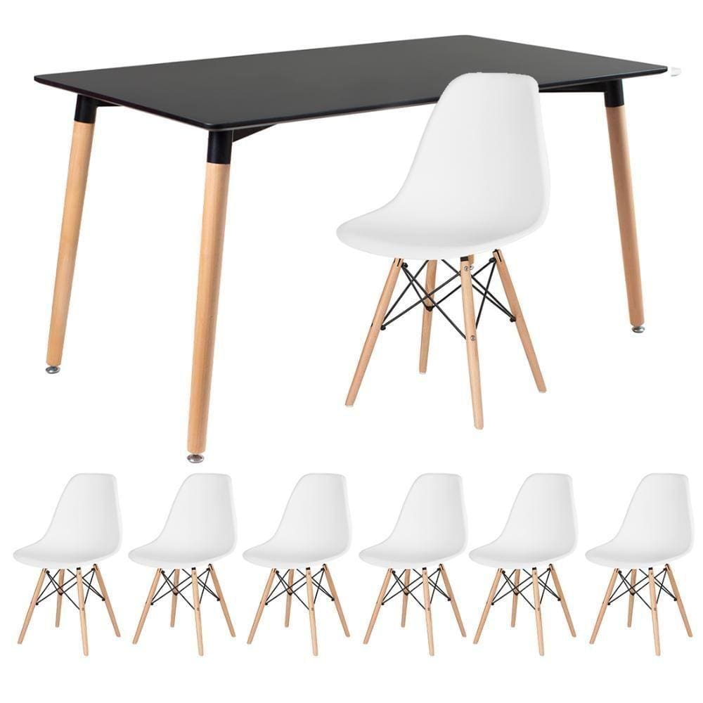 Mesa Retangular 80 X 140 Cm Preto + 6 Cadeiras Branco