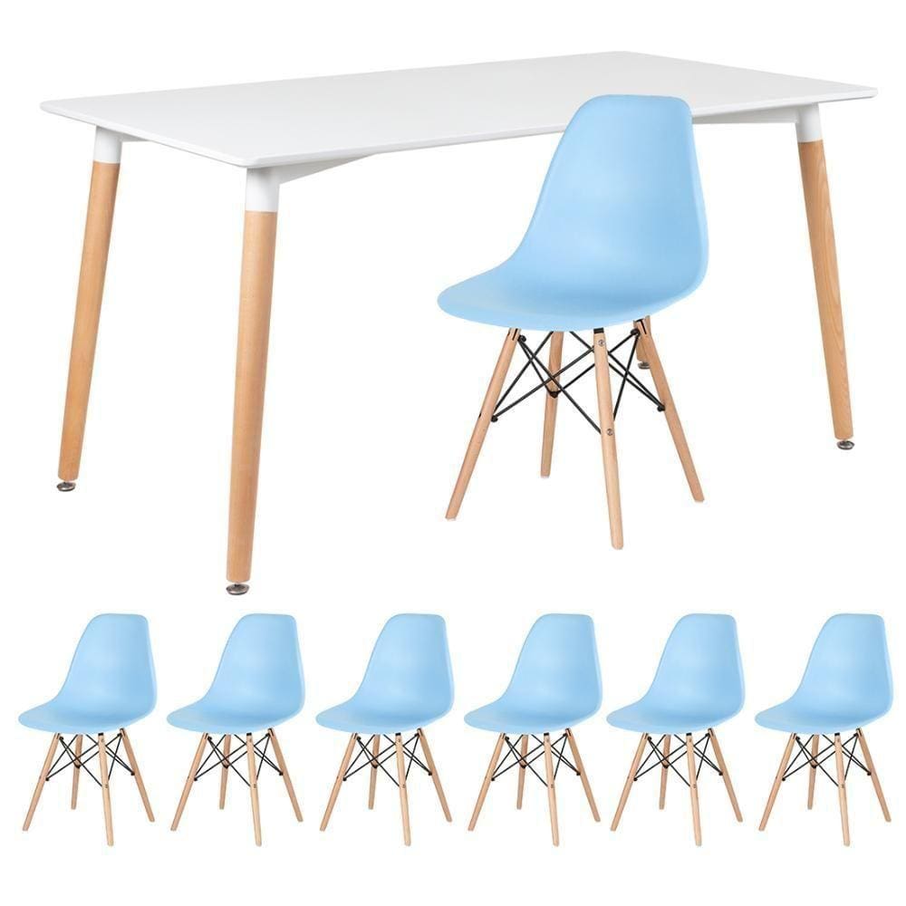 Mesa Retangular 80 X 140 Cm Branco + 6 Cadeiras Azul Claro