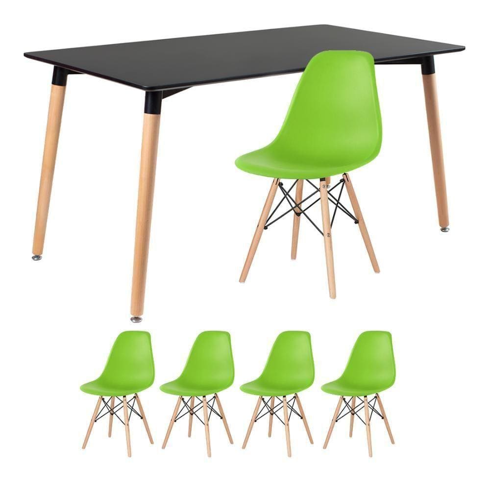 Mesa Retangular 80 X 140 Cm Preto + 4 Cadeiras Verde Claro