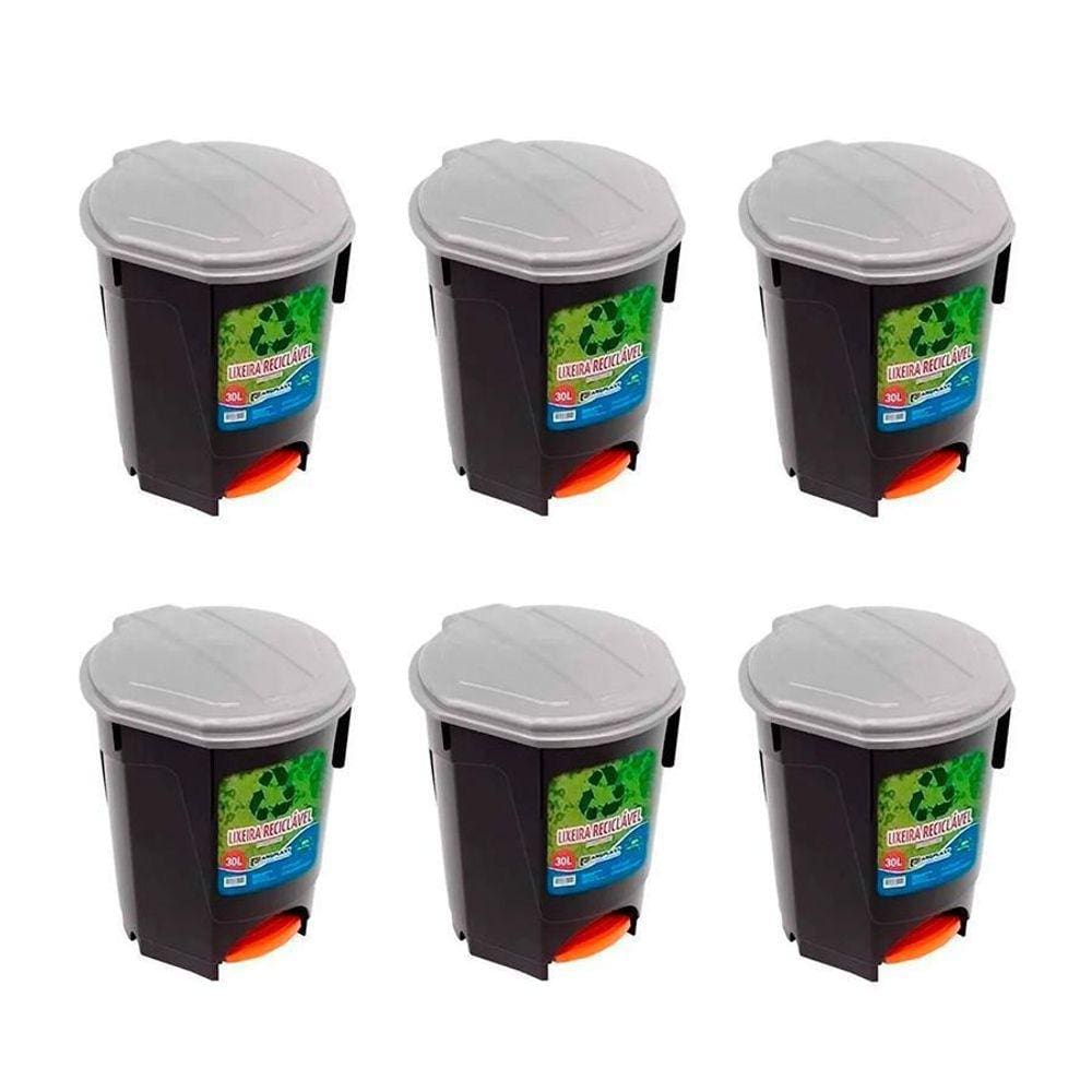 Kit 6 Lixeiras 30L Com Pedal Preta Multiuso Arqplast