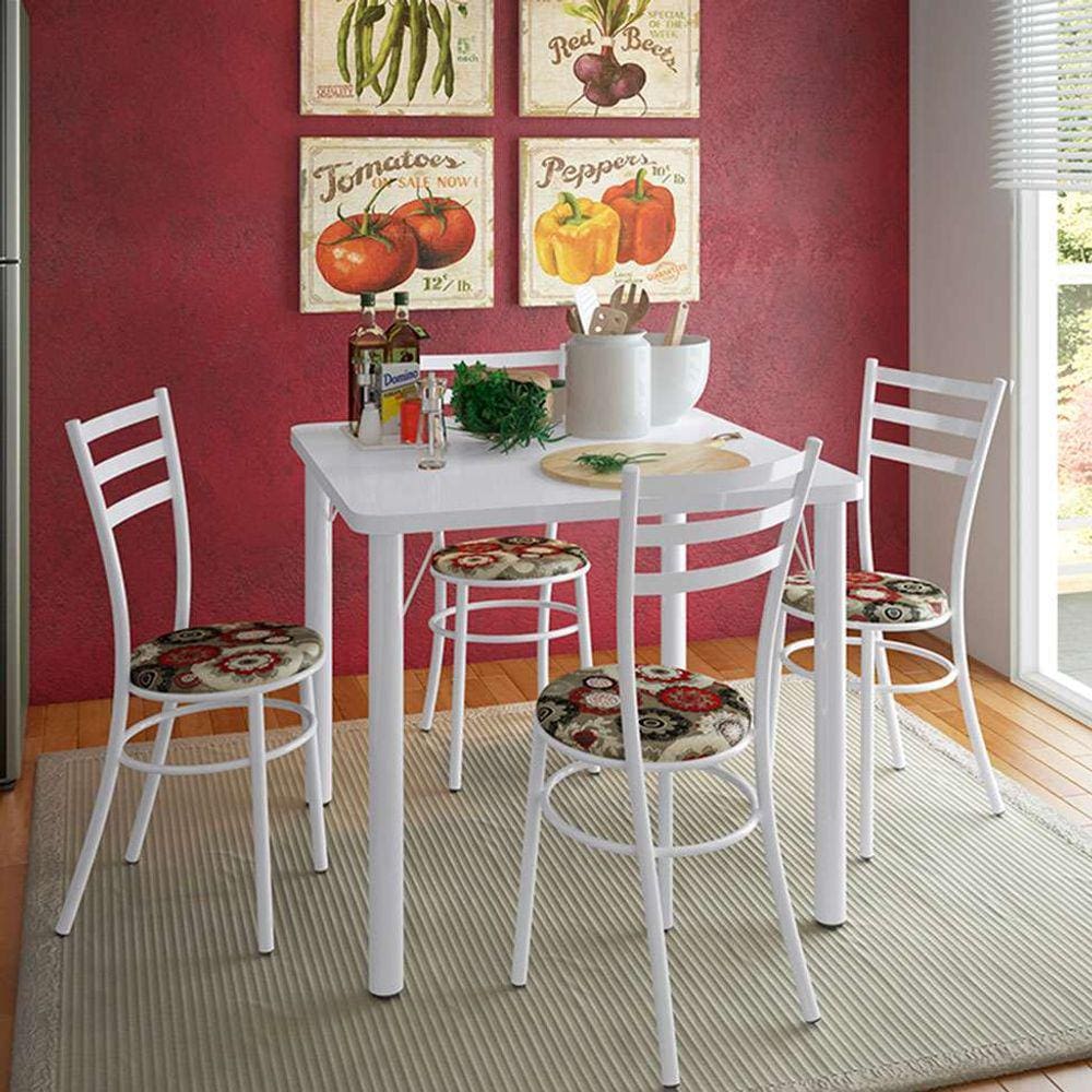 conjunto de mesa de cozinha com 4 lugares luca branco e colorido