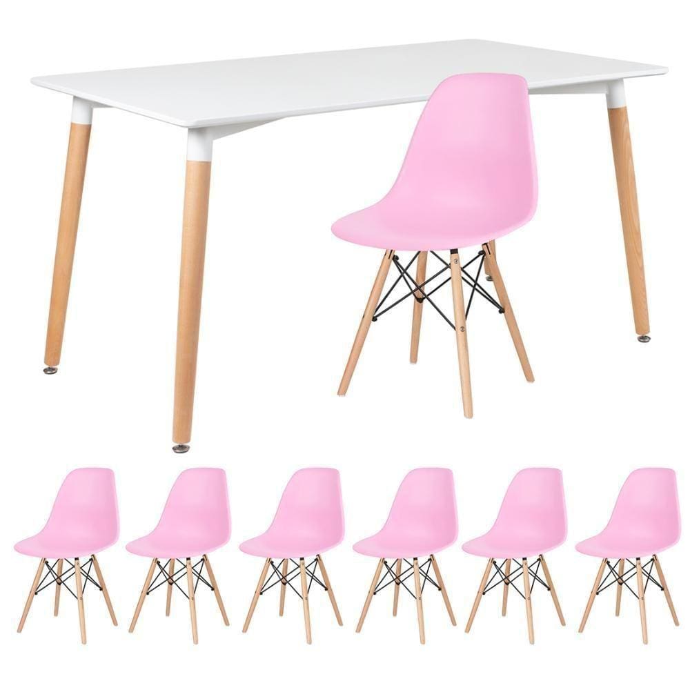Mesa Retangular 80 X 140 Cm Branco + 6 Cadeiras Rosa Claro