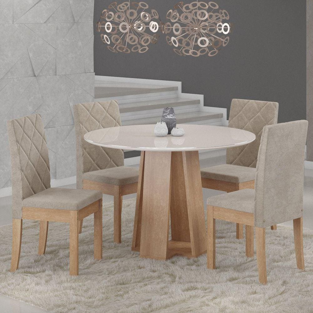 Conjunto de Mesa de Jantar Redonda com Tampo de Vidro Off White Figueira e  4 Cadeiras Gabi Linho Bege e Freijó