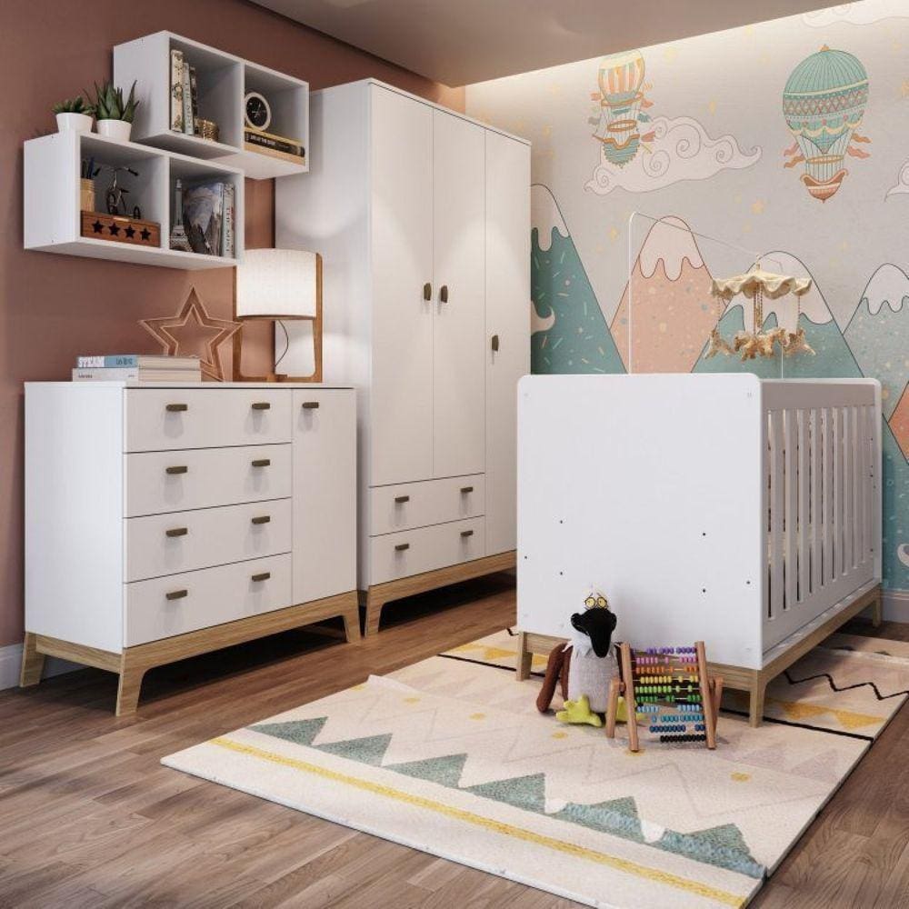 Quarto de Bebê com Berço 3 em 1 Cômoda Guarda Roupas e Nichos Duplos Favo de Marrom Completa Móveis Branco