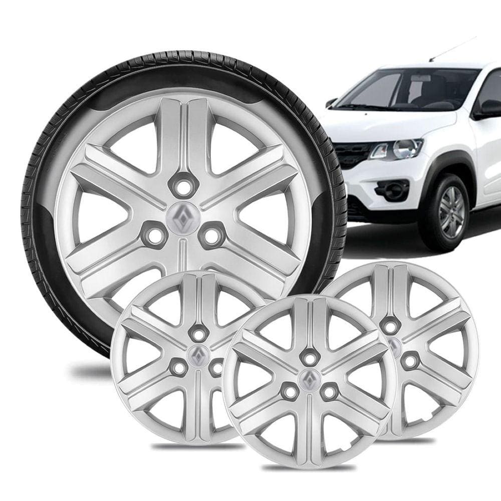 Jogo 4 Calota Renault Aro 14 Kwid Zen Prata Logo Prata