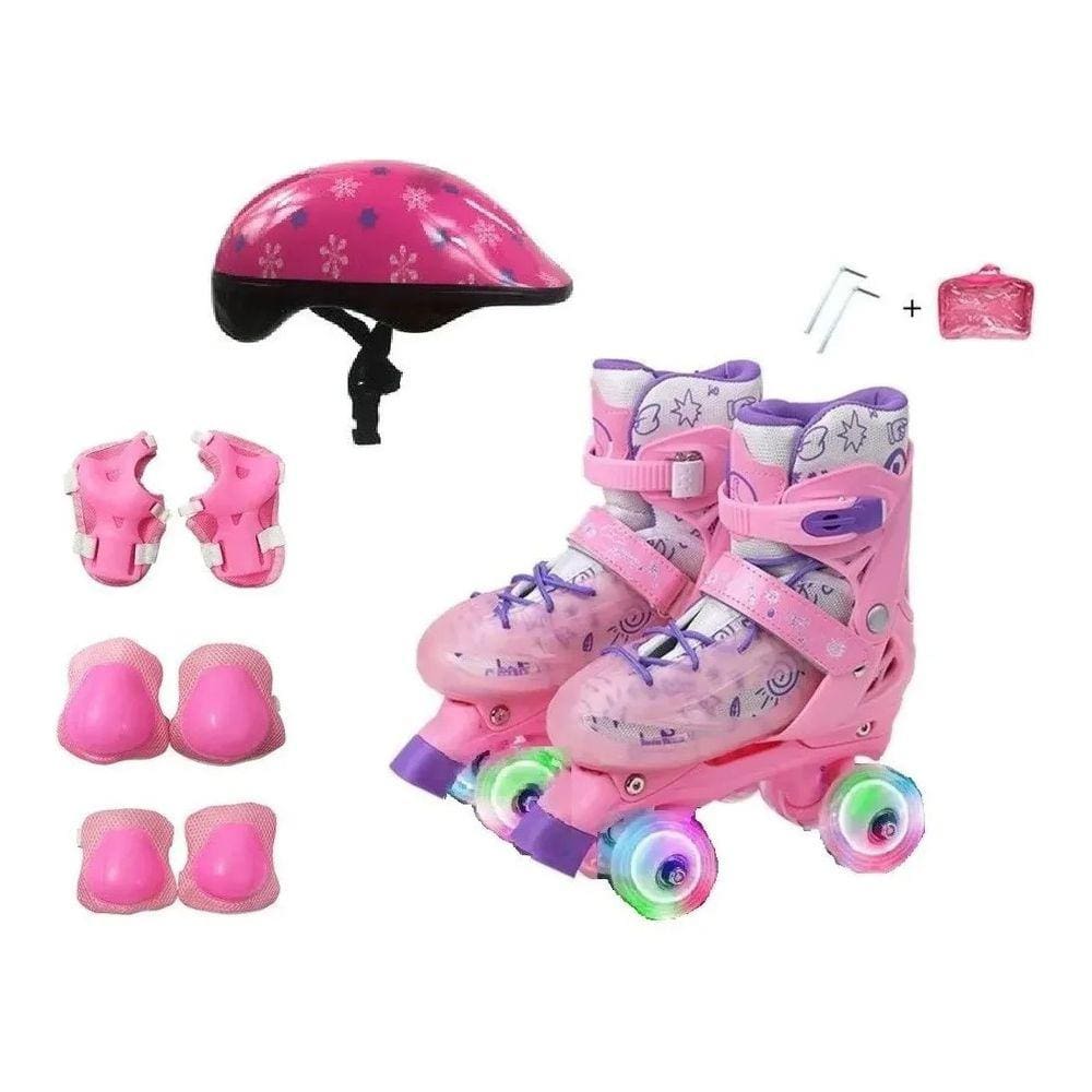 Patins Quad Rosa Regulável 28-32  Com Rodas Em LED + Capacete + cotoveleira + joelheira. Kit proteção