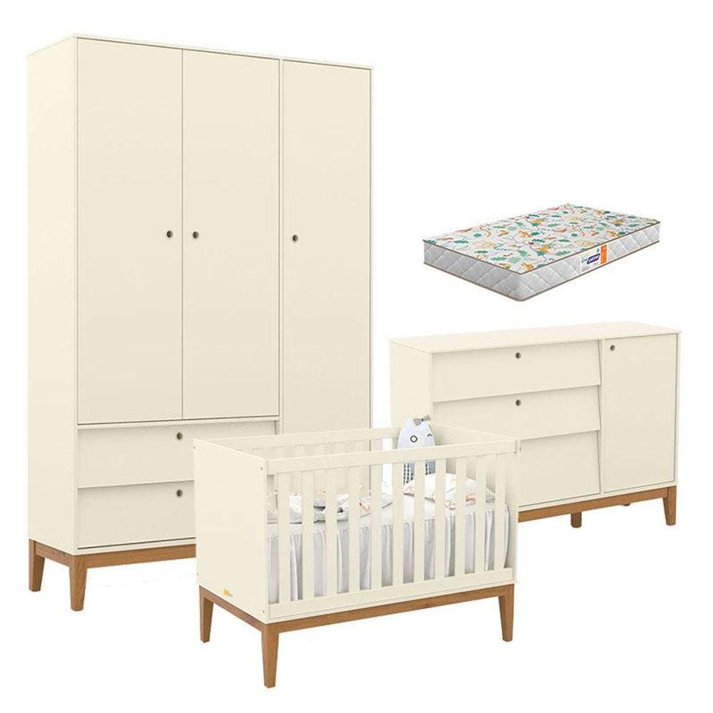 Quarto de Bebe Unique 3 Portas com Cômoda Sapateira Off White Eco Wood e Colchão Gazin - Matic
