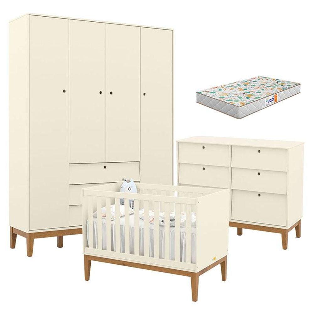Quarto de Bebe Unique 4 Portas com Cômoda 6 Gavetas Off White Eco Wood e Colchão Gazin - Matic