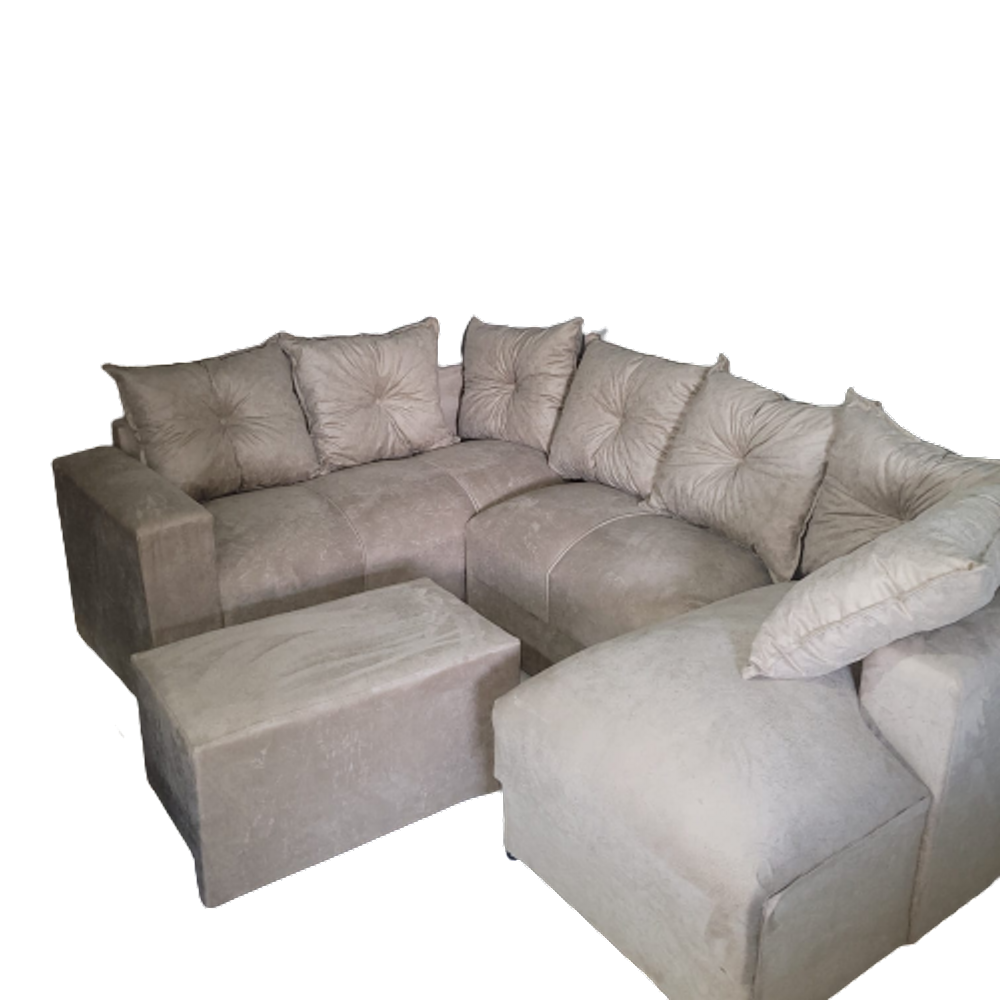 Sofá de Canto com Chaise + Puff Bege Suede