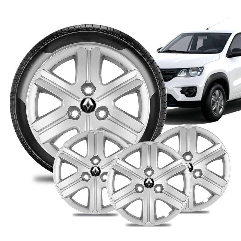 Jogo 4 Calota Renault Aro 14 Kwid Zen Prata Logo Preto