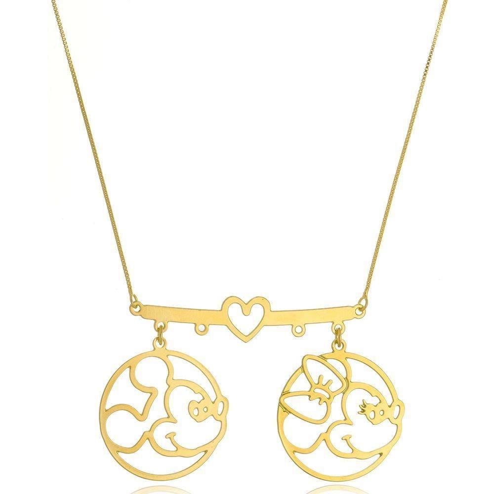 Colar Personalizado Miceky E Miney Coração Folheado Em Ouro 18k