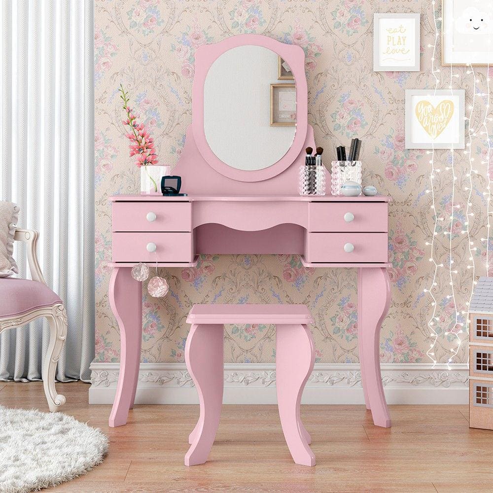 Penteadeira Camarim 4 Gavetas Com Espelho E Banqueta Princesa Infantil Elegante Blogueira E Maqueadora