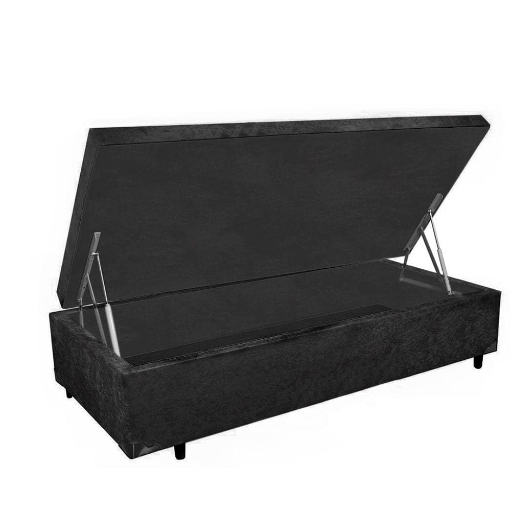 Cama Box Baú Solteiro Suede Preto com Pistão 88x188x34x20interno