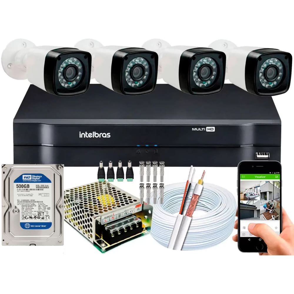 Kit Cftv 4 Câmeras de Segurança HD Dvr Intelbras Mhdx Full Hd c/hd