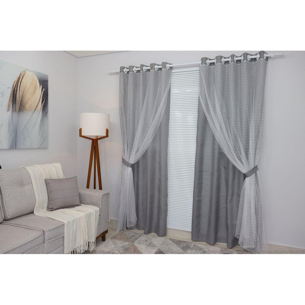 Cortina Cinza-claro Sala/quarto Tecido Com Renda 3,00 X 2,70 Oferta