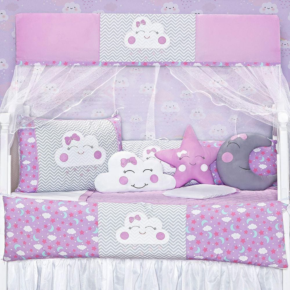 Kit Protetor Berço 8 Peças Menina Rosa Nuvem Estrela Lua Lilas