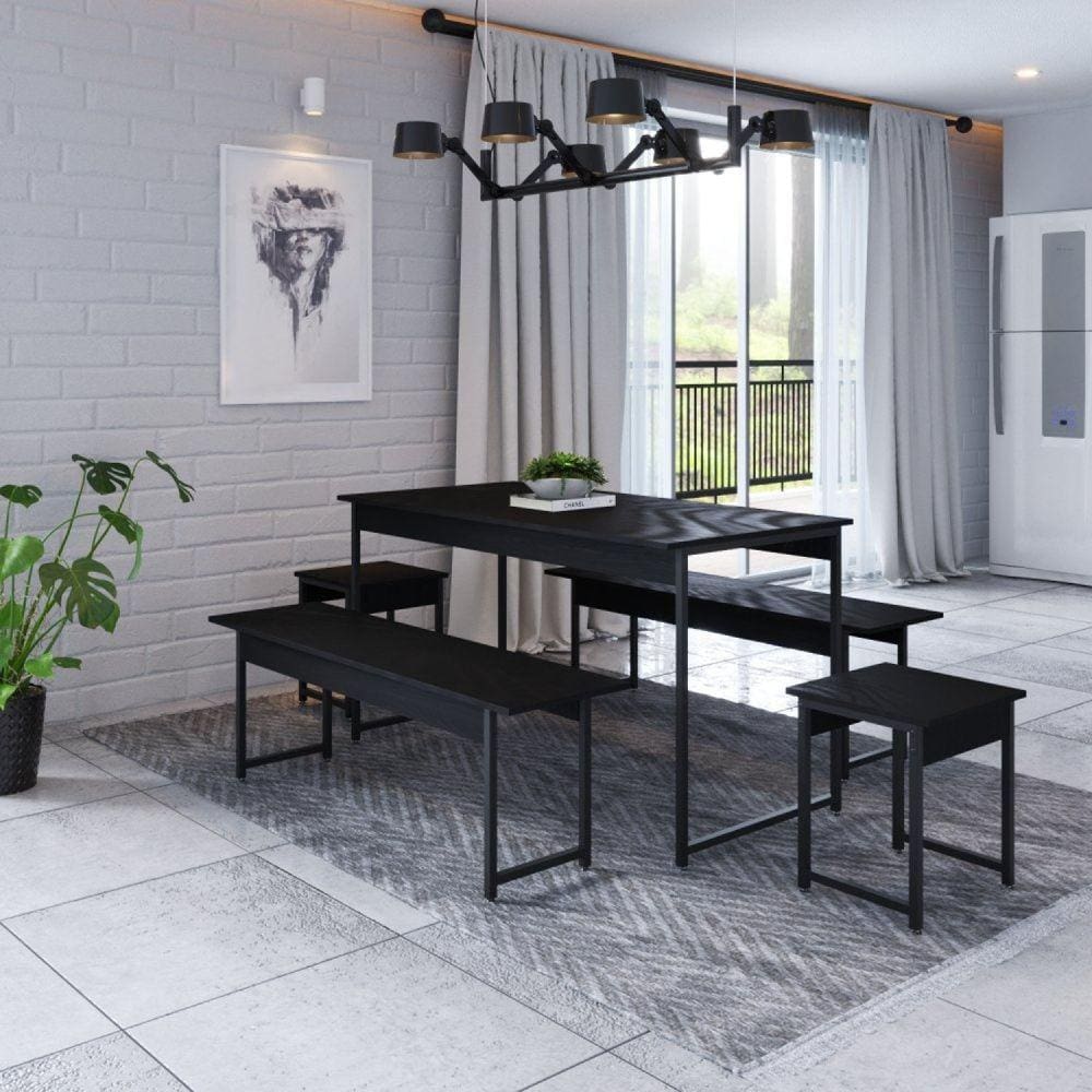 Conjunto Mesa de Jantar com 2 Bancos 2 Banquetas Estilo Industrial Active Yescasa Preto Onix