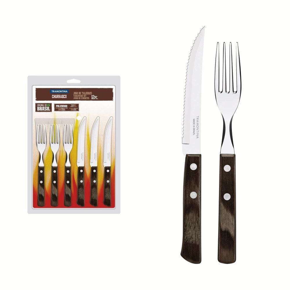 Jogo de Talheres para Churrasco Tramontina em Aço Inox com Cabo Castanho Polywood 12 Peças Tramontina